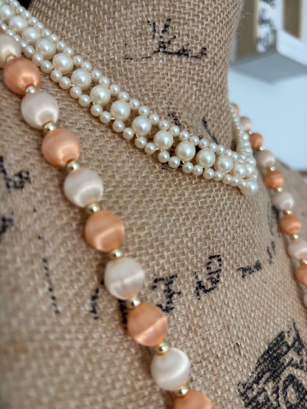 Elegant Two-Tone Peach and Ivory  Silk Pearls and Faux Pearl  Necklace Set